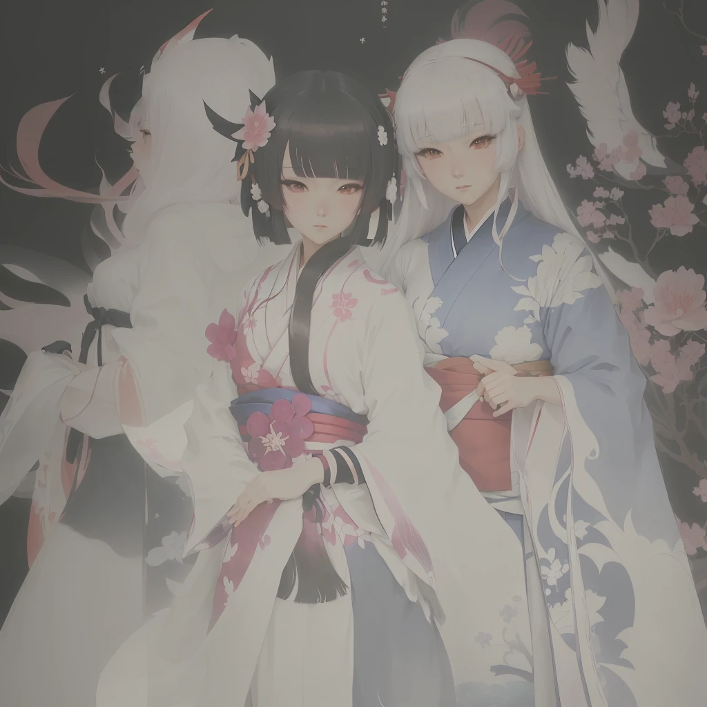 anime characters in kimono robes standing next to each other, Gwaiz, onmyoji, artwork in the style of Gwaiz, two beautiful anime girls, beautiful anime, anime. Soft lighting, anime picture, anime girls, soft anime illustration, ethereal anime, Inspired by Sukenori Nishikawa, Zerochan Art, WLOP and Sakimi-chan
