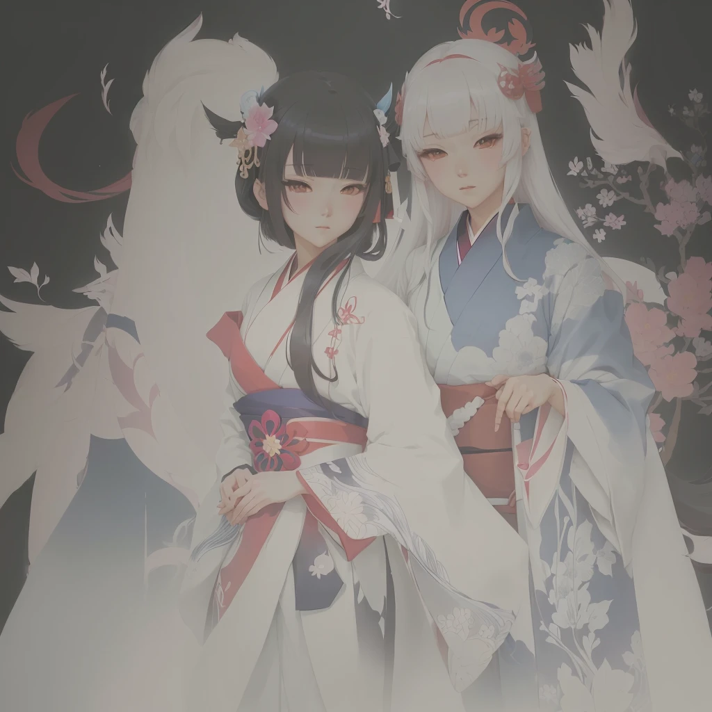 anime characters in kimono robes standing next to each other, Gwaiz, onmyoji, artwork in the style of Gwaiz, two beautiful anime girls, beautiful anime, anime. Soft lighting, anime picture, anime girls, soft anime illustration, ethereal anime, Inspired by Sukenori Nishikawa, Zerochan Art, WLOP and Sakimi-chan