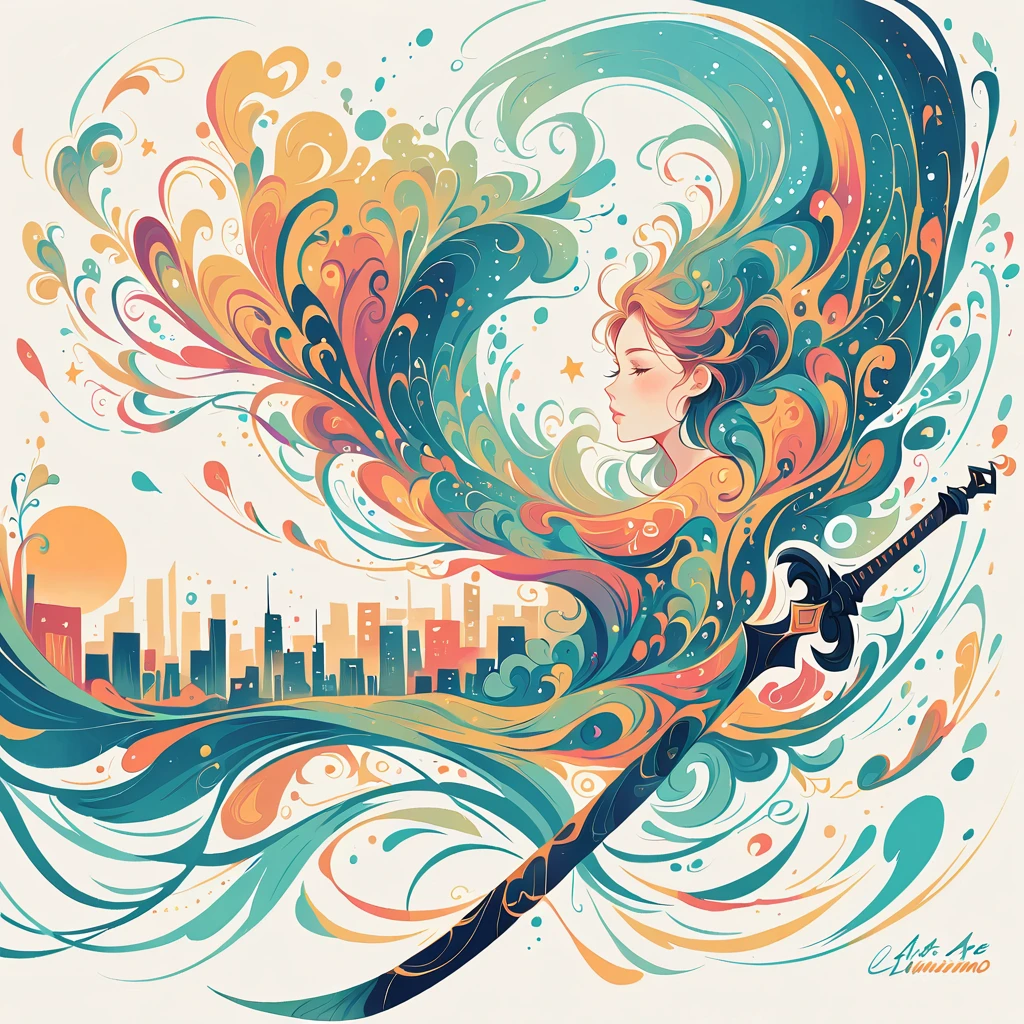 with a sword,Lineinimalismo simples,arte abstrata,city background