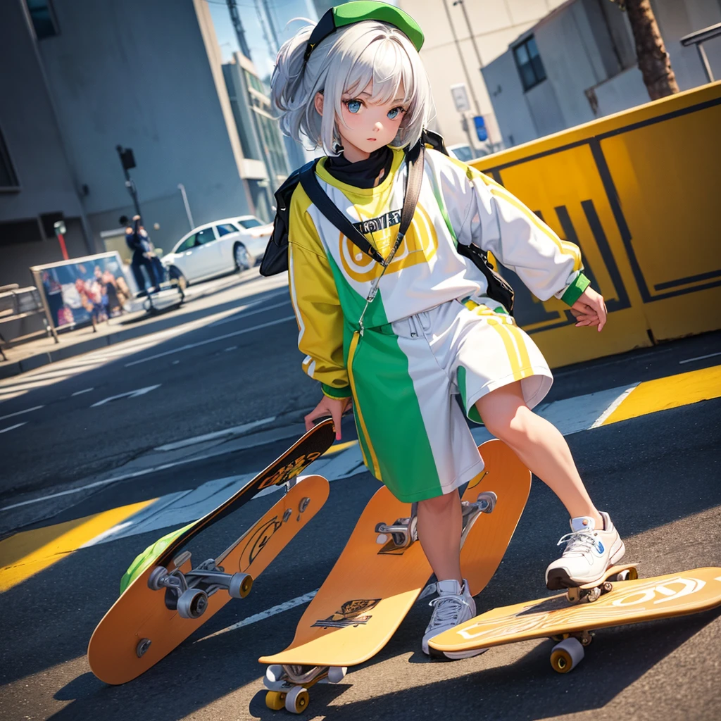 masterpiece, Highest quality, (Highly detailed CG Unity 8k wallpaper) (Highest quality), (Best illustrations), Best Shadow, (Girl Skateboarding: 1.3), 13 years old, cute, Short white hair, cap, Sweet cool, Eye-catching details, (Color Flight Suits), fashion shorts, (Color Skateboards: 1.1), pink, yellow, green, street, rock, (Highest quality, Amazing details: 1.25), (alone), Vivid and colorful paintings