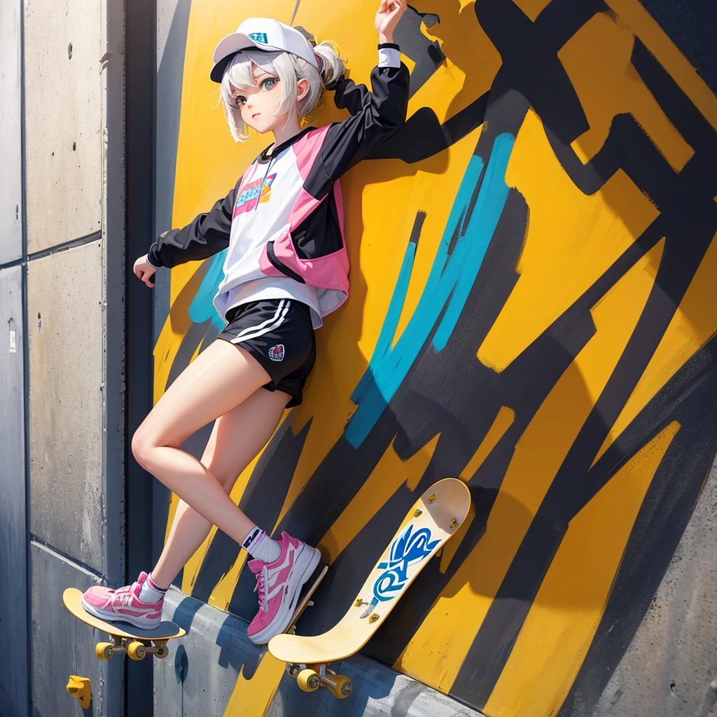 masterpiece, Highest quality, (Highly detailed CG Unity 8k wallpaper) (Highest quality), (Best illustrations), Best Shadow, (Girl Skateboarding: 1.3), 13 years old, cute, Short white hair, cap, Sweet cool, Eye-catching details, (Color Flight Suits), fashion shorts, (Color Skateboards: 1.1), pink, yellow, green, street, rock, (Highest quality, Amazing details: 1.25), (alone), Vivid and colorful paintings