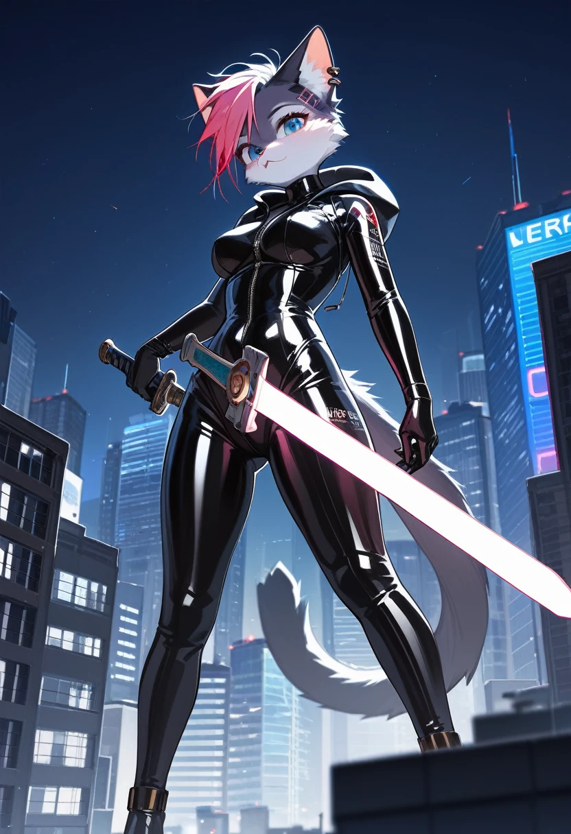 Highest quality, Highest quality, High quality illustrations, masterpiece, Ultra-high resolution, Detailed Background, skyscraper, rooftop, night, Absurd, Perfect Anatomy, performance, Good lighting, Shadows in the movies(kemono, Furry PersonifiCation), Cat, Rubber Suit, latex, neon, neonライト, neonカラー, Bodysuits, Cyber Suit, cyber punk, Rubber Hoodie, Holding a sword, Earrings, Tattoo Dynamic Angle