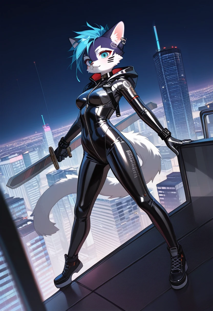 Highest quality, Highest quality, High quality illustrations, masterpiece, Ultra-high resolution, Detailed Background, skyscraper, rooftop, night, Absurd, Perfect Anatomy, performance, Good lighting, Shadows in the movies(kemono, Furry PersonifiCation), Cat, Rubber Suit, latex, neon, neonライト, neonカラー, Bodysuits, Cyber Suit, cyber punk, Rubber Hoodie, Holding a sword, Earrings, Tattoo Dynamic Angle