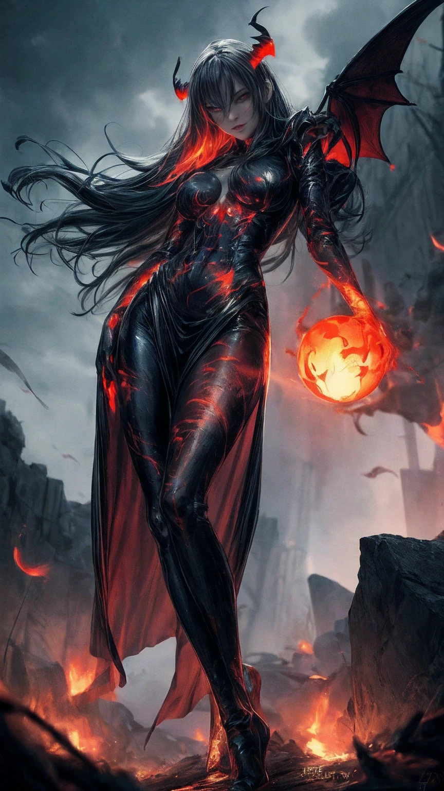 Storyboard, masterpiece, highest quality, dragonlady queen, perfect demoness, long legs, hourglass fugure, bright red glowing eyes, detailed eyes (1.4), scars on face, villainous expression, flaming skin body with bioluminescent glowing pattern, ready for battle, blurred stormy background, dark atmosphere, lighting in background,full body,