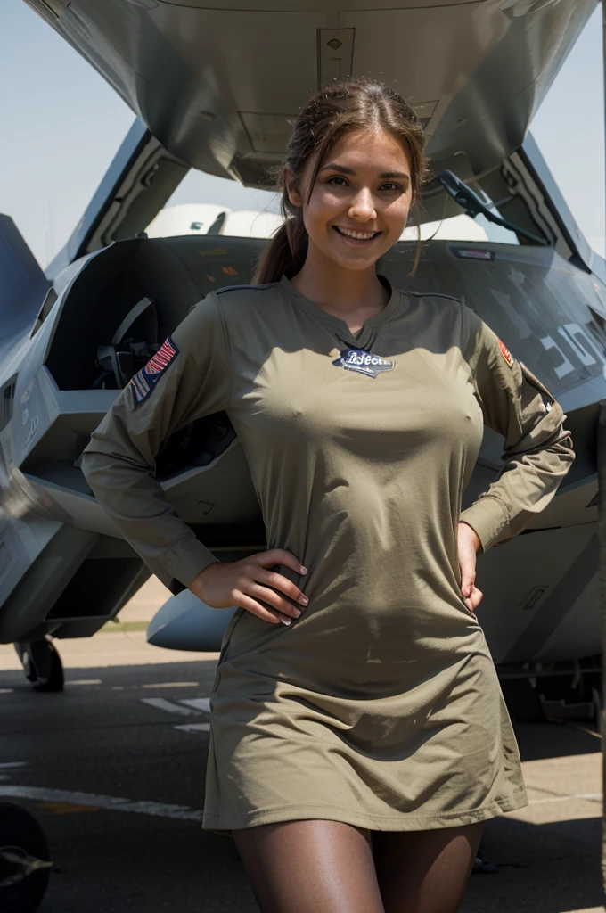 you are a photographer specialist, Generate a USA Aircraft pilot woman, stand with the F-22 raptor, with team work, beauty woman, smiling, Civilization, big bom, short dress, big hips, sexy girl
