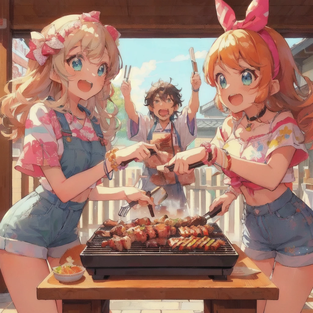 anime characters cooking on a grill with a lot of food, Grilling meat,Angry,Anime Food, everyone, cooking it up, Kantai Collection Style, High quality anime art style, Anime Girls, two beautiful Anime Girls, 80s anime style,Lofi,Beautiful anime artwork, cooking show, Anime Background, cooking, Anime Moe Art Style, Hololive, Trending Anime Art, Beautiful and detailed anime art, High quality fan art, barbecue