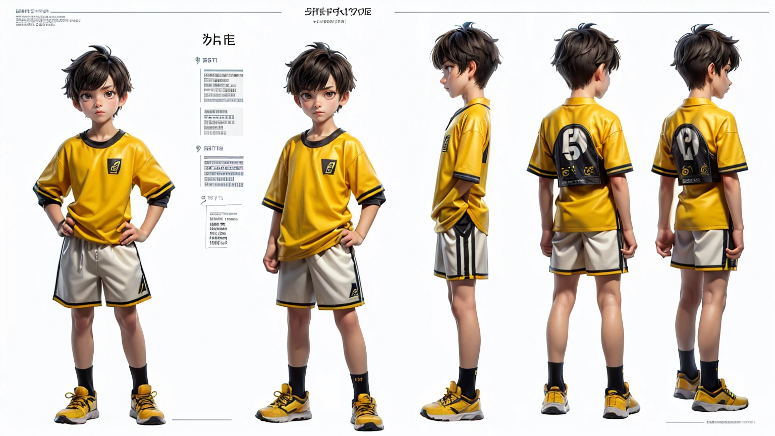 short height cute face boy, cute face, short height boy, wearing full body pent and shirt, sports shoes, full standing pose, French Crop hairs, Character Sheet, 10 yo student, Full body, Simple white background, front pose character reference sheet, Concept art, design sheet