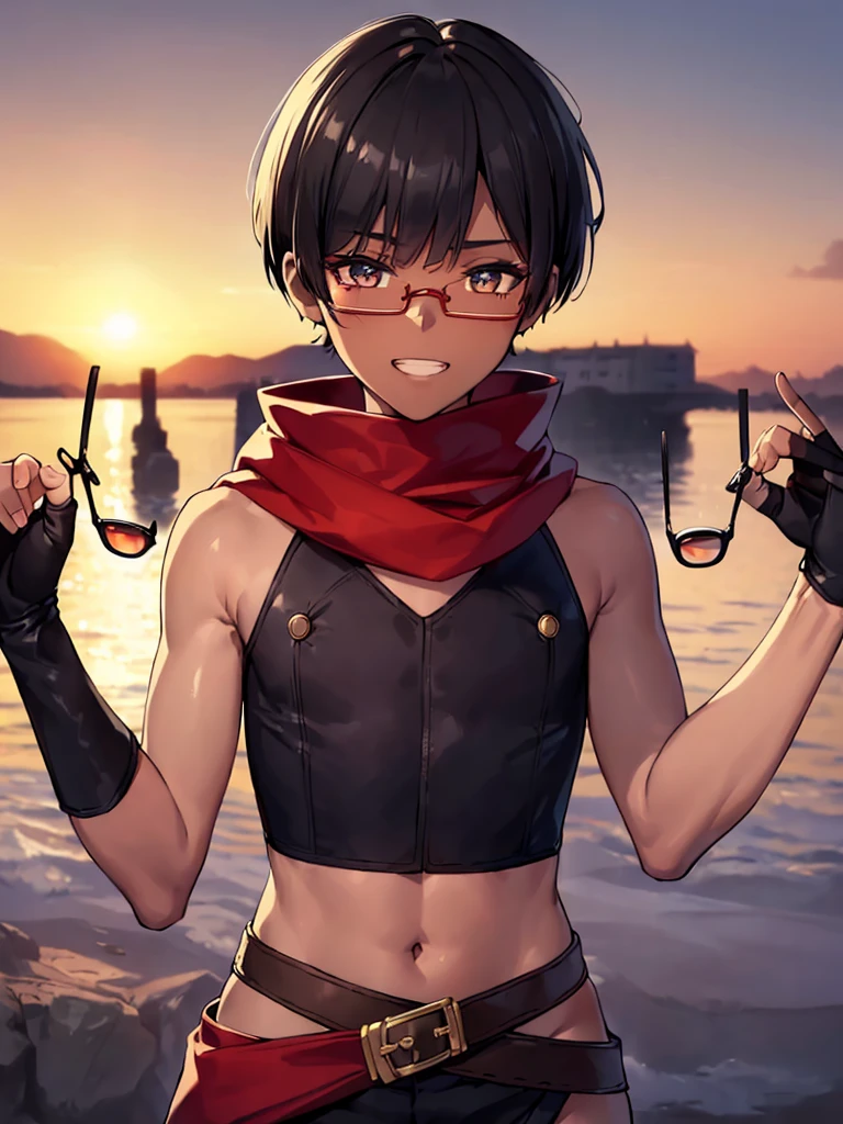 (flat chest), (masterpiece:1.2), highest quality, High resolution, unity 8k wallpaper, (fine and beautiful eyes:1.6), highly detailed face, perfect lighting, Detailed CG, (perfect hands, perfect anatomy), (1 boy:1.4), 20 years old,( black hair:1.3), extremely beautiful detailfeminine face and eyes, (grin smile), detailed eyes, best quality,( dark skin:1.8), extremely detailed, very precise detailed,(glasses:1.3), blunt bangs, open mouth, (very short pixie cut:1.2), (geta:1.2),(fingerless gloves:1.5), half closed eyes,long sidelocks,(long red Scarf:1.3),(sleeveless yukata), (flying_kick:1.2),