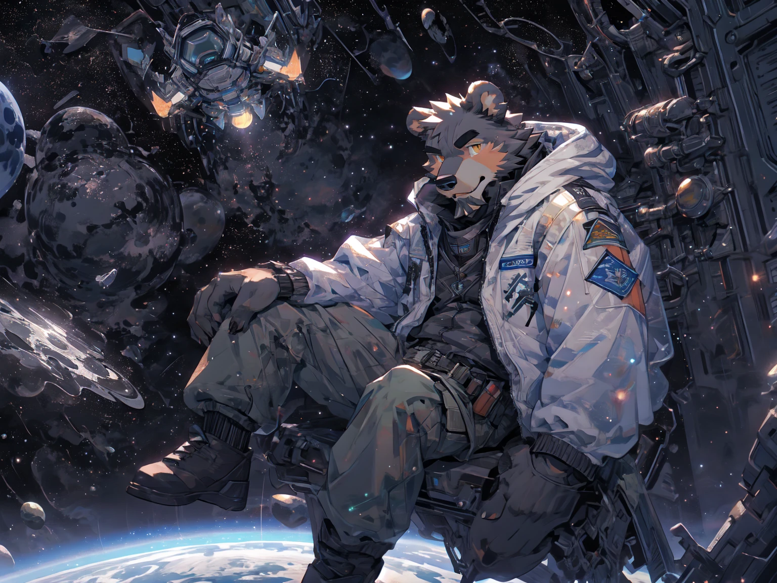 (masterpiece:1.2), best quality,pixiv,official art,perfect anatomy, (Ray tracing, light),solo, (1_male:1.3) , (muscle), (grey fur:1.4), (muscle bear), (beard:1.2), (gleaming golden eyes), bear tail, full body, Thick black eyebrows,(open hooded parka), (naked inside), (cargo pants:1.2), boots , (in the space:1.3) , star , planet , earth , asteroid , (character floating :1.3)