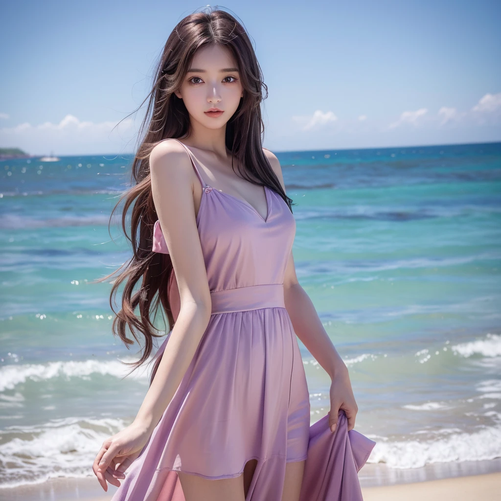 masterpiece, high resolution, best quality, Very detailed, pink eyes, beautiful woman, purple dress，beach，long hair
