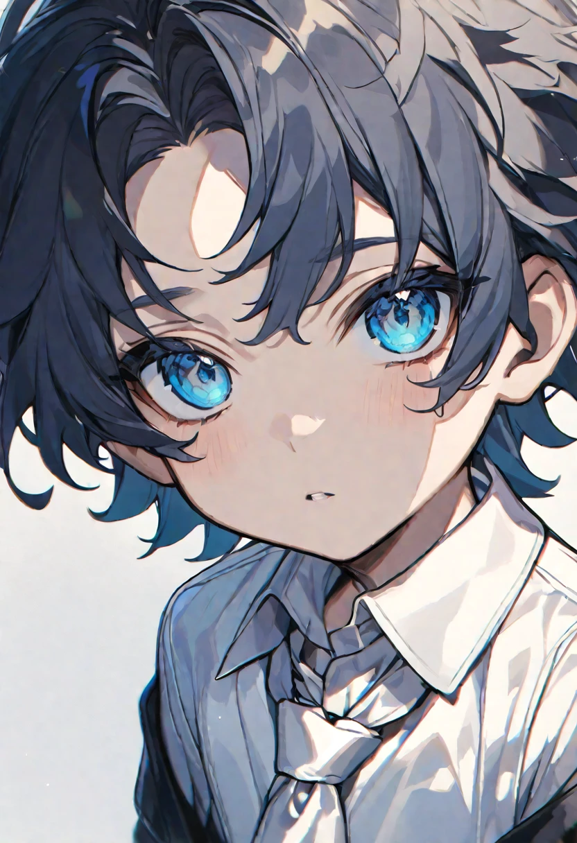 alone, elegant, 1 little boy, short hair, black fur, half and half, blue eyes, detailed, White shirt, white tie,