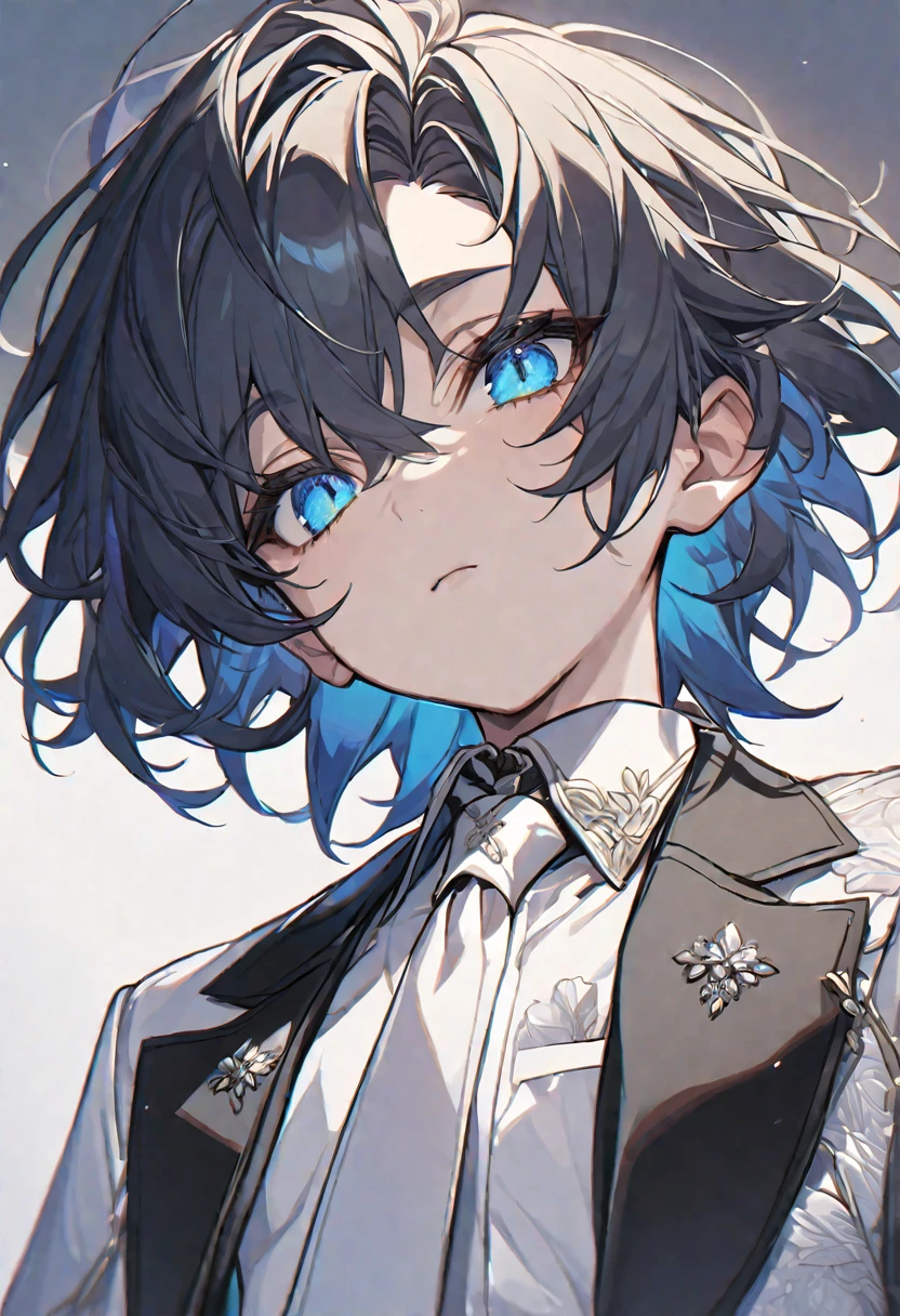alone, elegant, 1 little boy, short hair, black fur, half and half, blue eyes, detailed, White shirt, white tie,