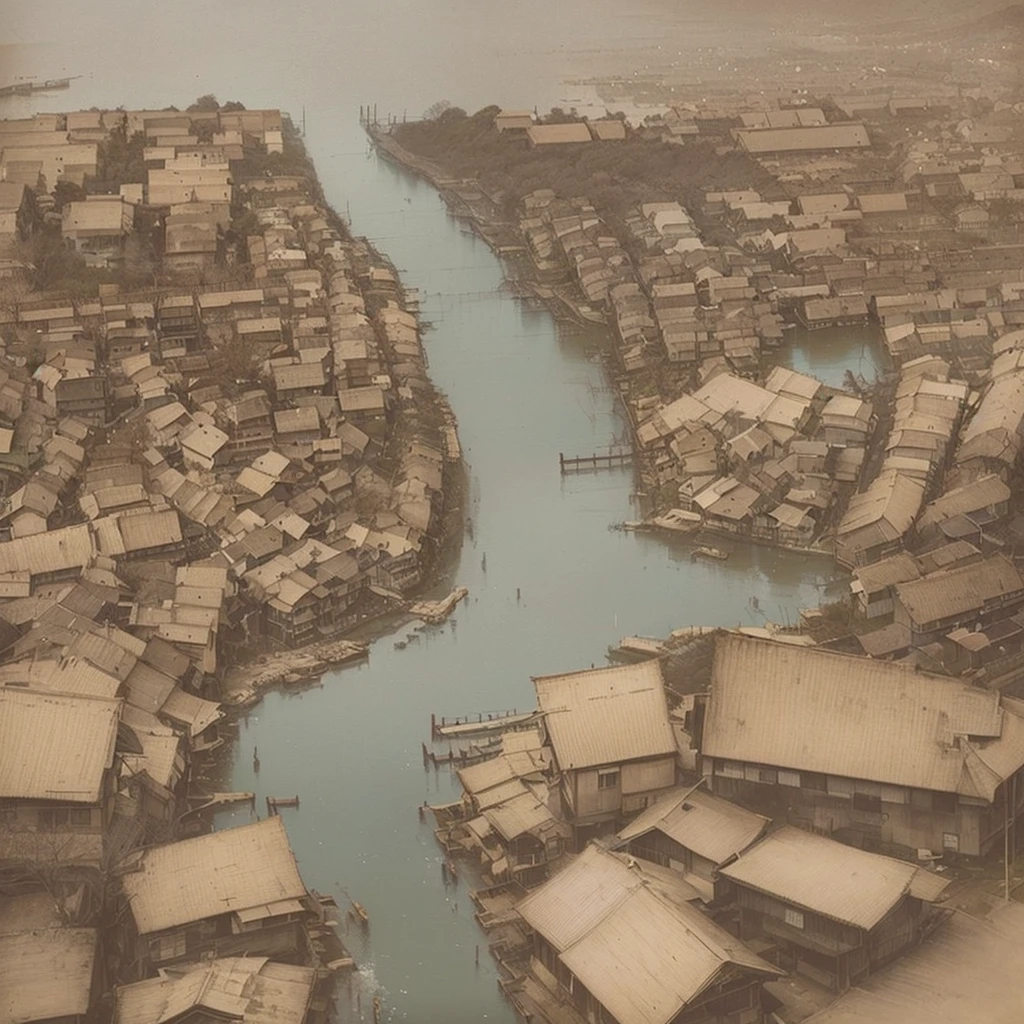 Arabian style view of a river flowing through a city lined with buildings, aerial photograph新川洋二, A vast, detailed, hierarchical city, Written by Nie Yuanlu, Josan Gonzalez, aerial photograph, Kim Whan-ki, By Dan Christensen, Realistic painting of complex objects, David Cashier, Olsinski Workshop Blazing flames, fire, crowd, throng, freezing, mother warming her baby.Scenery and Cityscape in the Early Meiji Era After the Meiji Restoration, Japan underwent rapid modernization and civilization. Consequently, many changes and reforms occurred. Below is a detailed explanation of the scenery, appearance of the poor, occupations, and cityscapes in the early Meiji period (1868 to the early 1880s). 2. Appearance of the Poor Life for the impoverished and lower classes remained harsh. In particular, in urban areas, people migrated from rural areas or unemployed artisans gathered, intensifying competition in the labor market. Many of them struggled with poverty, often residing in slums or around temples. 3. Occupations Meiji early Japan witnessed a diversification of occupations. Traditional agriculture and handicrafts were accompanied by the rise of modern industry and commerce. Particularly in urban areas, factory workers, shop clerks, and transporters increased, giving rise to new professions. However, many in these occupations endured harsh working conditions. 4. Influence of Civilization and Enlightenment During the Meiji era, Western cultural influences spread rapidly. Changes in clothing, dietary habits, and the proliferation of Western-style architecture advanced, especially in urban areas. Conversely, this development posed a threat to traditional culture and lifestyles, resulting in societal upheaval and adaptation challenges. 5. Social Change and Policy Influence While promoting modernization policies, the government also addressed poverty and social issues. Legislation for labor protection and charitable activities to aid the poor were implemented. Nevertheless, living conditions for the impoverished scarcely improved. The early Meiji period marked a rapid transformation in Japan, with complex social landscapes involving chal