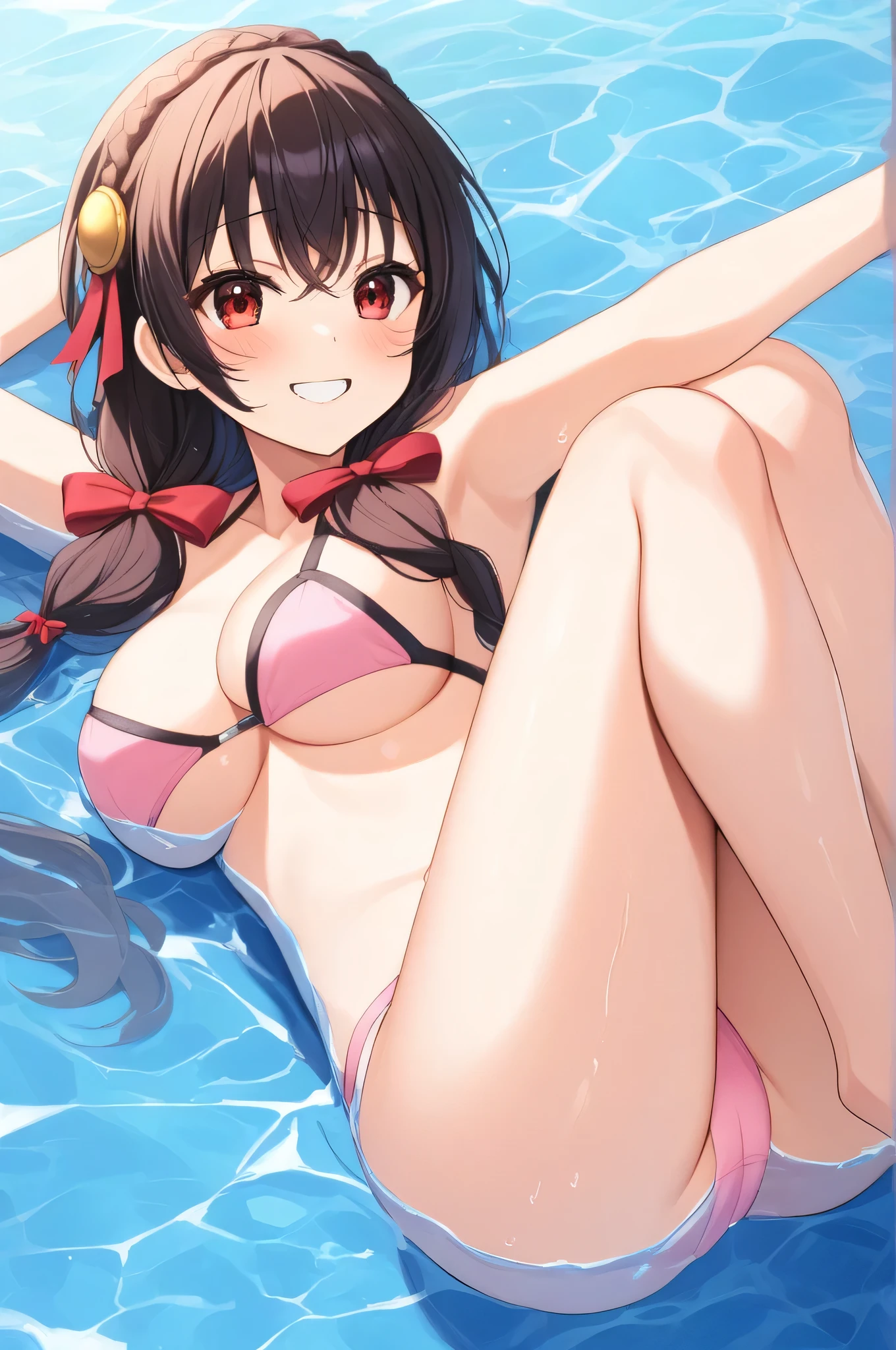 alone, One girl、Crown braids in the same color as your hair, hair ornaments, Hair Ribbon, (White and pink bikini),Red Eyes、Black Hair、(The best smile:1.7)、(blush:1.4)、C cup breasts、Pool、Splash、Wet、(Float on your back on the surface of the water:1.2)、I can see your thighs