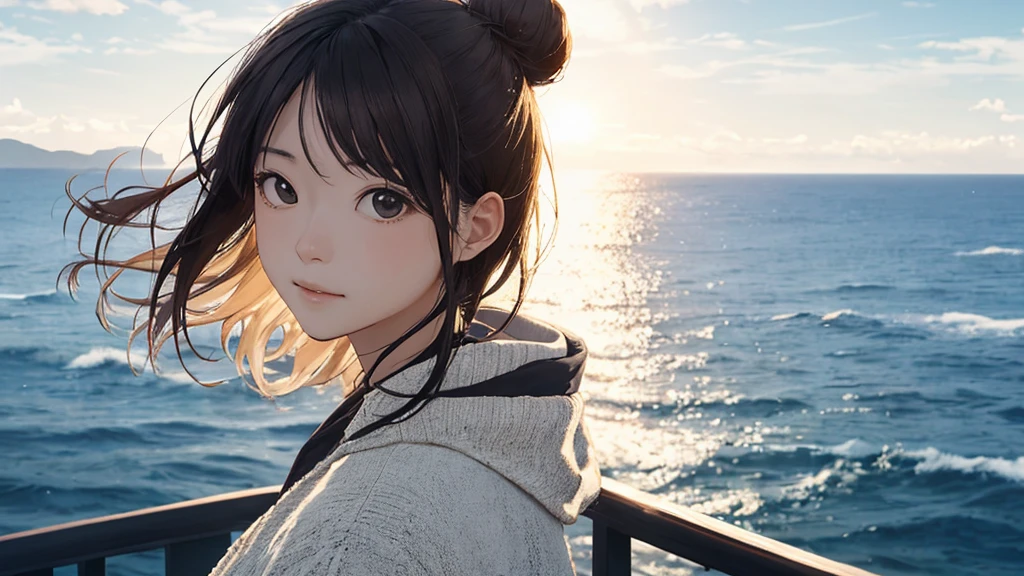 Ocean上都市、Shiraishi Mei, Looks exactly like Shiraishi Mei,Oceanの方を向いている後ろ姿、Woman looking up at the sky ,Bun Hair。,  Dark brown hair, 1 girl, 40 years old, photograph, Realistic, Highest quality, Detailed face, Strong sunlight, Ocean, Embankment, Detailed Background, Diffused sunlight, Written boundary depth, Bokeh (Highest quality: 1.2), (masterpiece: 1.2), Watch Viewer, one piece, White Theme, ,Vision、(((Panorama:1.2)))