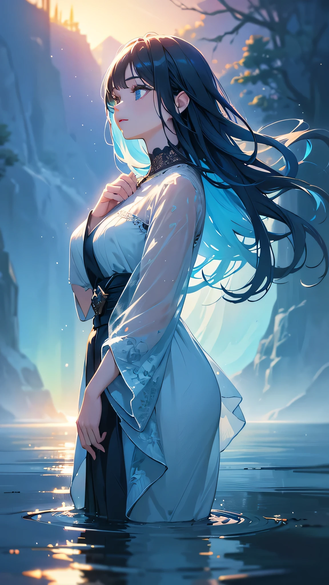 a girl standing in the middle of day and night, day on one side of the water, night on the other, (best quality,4k,8k,highres,masterpiece:1.2),ultra-detailed,(realistic,photorealistic,photo-realistic:1.37),extremely detailed eyes and face, beautiful detailed eyes, beautiful detailed lips, longeyelashes, detailed water reflection, dramatic lighting, serene atmosphere, vibrant colors, ethereal, surreal, fantasy, digital art
