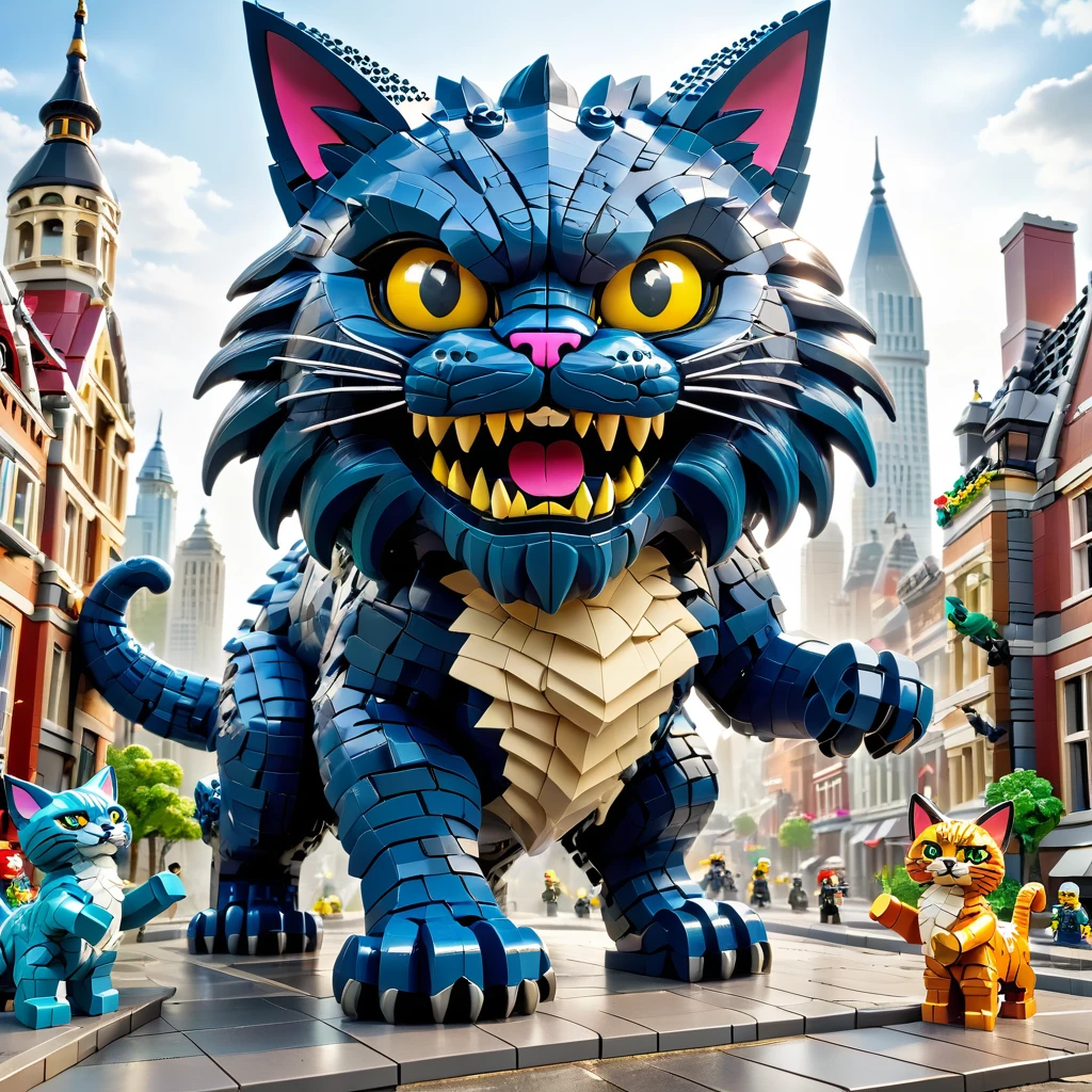 best quality, very good, 16K, ridiculous, Very detailed, Giant Cat Monster，，Made of Lego, （（Destroying the city））（（A masterpiece full of fantasy elements）））， （（best quality））， （（Intricate details））（8K）