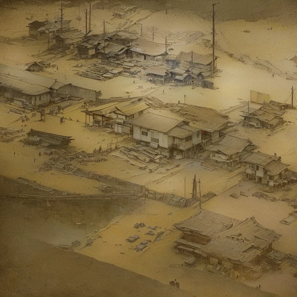 There is a picture of a city with a train running on the tracks., Disco Elysium concept art, Silent Hill concept art, Disco Elysium artwork, Disco Elysium art, Fallout concept art, Disco Elysium, Dusty environment, aerial viewyoji shinkawa, Foggy Ghost Town, Disco Elysium video game, Fallout environment, inspired by Russell Chatham, Concept art Blazing flames, fire, crowd, throng, freezing, mother warming her baby.Scenery and Cityscape in the Early Meiji Era After the Meiji Restoration, Japan underwent rapid modernization and civilization. Consequently, many changes and reforms occurred. Below is a detailed explanation of the scenery, appearance of the poor, occupations, and cityscapes in the early Meiji period (1868 to the early 1880s). 2. Appearance of the Poor Life for the impoverished and lower classes remained harsh. In particular, in urban areas, people migrated from rural areas or unemployed artisans gathered, intensifying competition in the labor market. Many of them struggled with poverty, often residing in slums or around temples. 3. Occupations Meiji early Japan witnessed a diversification of occupations. Traditional agriculture and handicrafts were accompanied by the rise of modern industry and commerce. Particularly in urban areas, factory workers, shop clerks, and transporters increased, giving rise to new professions. However, many in these occupations endured harsh working conditions. 4. Influence of Civilization and Enlightenment During the Meiji era, Western cultural influences spread rapidly. Changes in clothing, dietary habits, and the proliferation of Western-style architecture advanced, especially in urban areas. Conversely, this development posed a threat to traditional culture and lifestyles, resulting in societal upheaval and adaptation challenges. 5. Social Change and Policy Influence While promoting modernization policies, the government also addressed poverty and social issues. Legislation for labor protection and charitable activities to aid the poor were implemented. Nevertheless, living conditions for the impoverished scarcely improved. The early Meiji period marked a ra