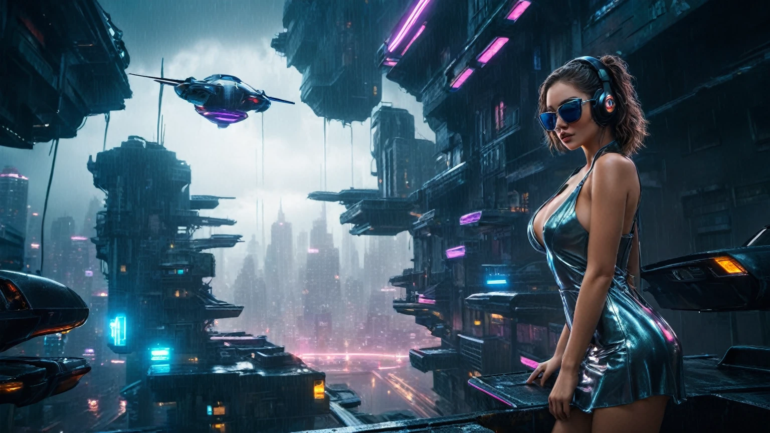 (aerial view, a flying cars docking platform, a very dark abandoned futuristic city, neon lights), rainy night. 1girl, solo, alone, large-breast:1.2 slim body, cleavage:1.1, sexy wind blowing wet dress:1.4, (headphone, black sunglasses), (((((she raised:1.8 a pistol:1.8 and took aim at viewer))))), dynamic pose, (((half-body thigh level medium shot))), cinematic lighting, lens flare, ray tracing.