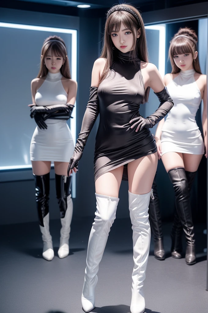 8k, masterpiece, RAW Photos, Highest quality, detailed:1.2),Realistic, Extremely detaileded CG unifies 8k, 8k, diamond, wallpaper, Written boundary depth, (Bright bedroom:1.2), Ray Tracing, (Very beautiful face, Beautiful Lips, Beautiful Eyes), intricate detailed face, ((ultra detaileded skin)) 、(Two Girls:1.7), Cute Korean Girl, K-POPアイドル,(Slim figure), ((Viewer Display)), (Bodycon mini dress),(High neck),(Injection Sleeve:1.1),(Silk mini dress:1.5) ,(Opera Gloves:1.5),(Knee-high boots:1.5),Cute Korean Girl,Clear Eyes, walking , (Pale skin), (Big eyes), ((Full Body Shot:1.5)), Bodycon mini dress, Tight mini dress , Colorful mini dresses, Plain Dress, Turn back, Side Shot, Slim figure, Healthy Thighs, Thigh Gap