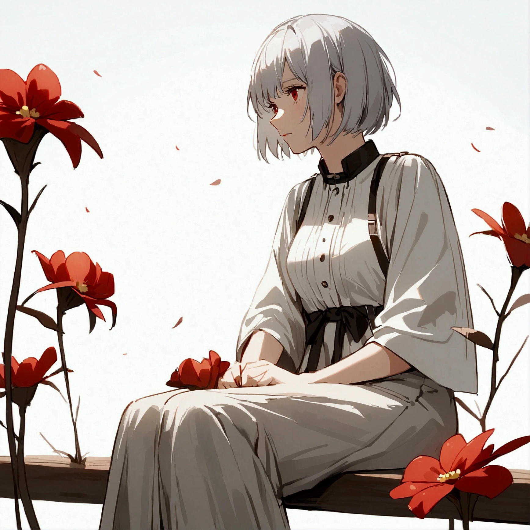 Light gray background, woman sitting on bench, silver hair, short hair, withered red flower