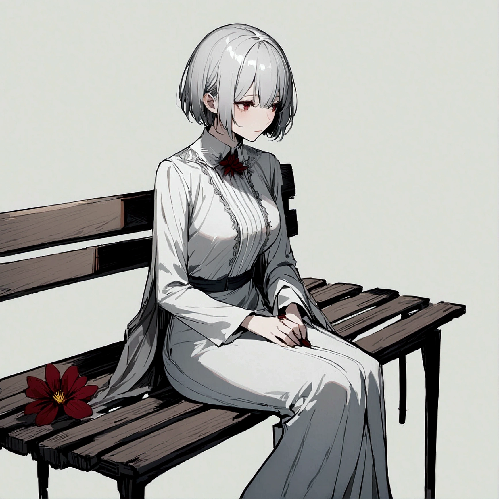 Light gray background, woman sitting on bench, silver hair, short hair, withered red flower