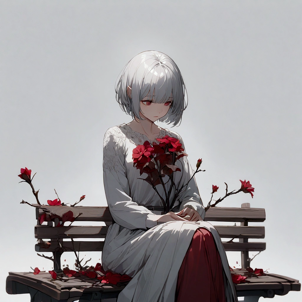 Light gray background, woman sitting on bench, silver hair, short hair, withered red flower