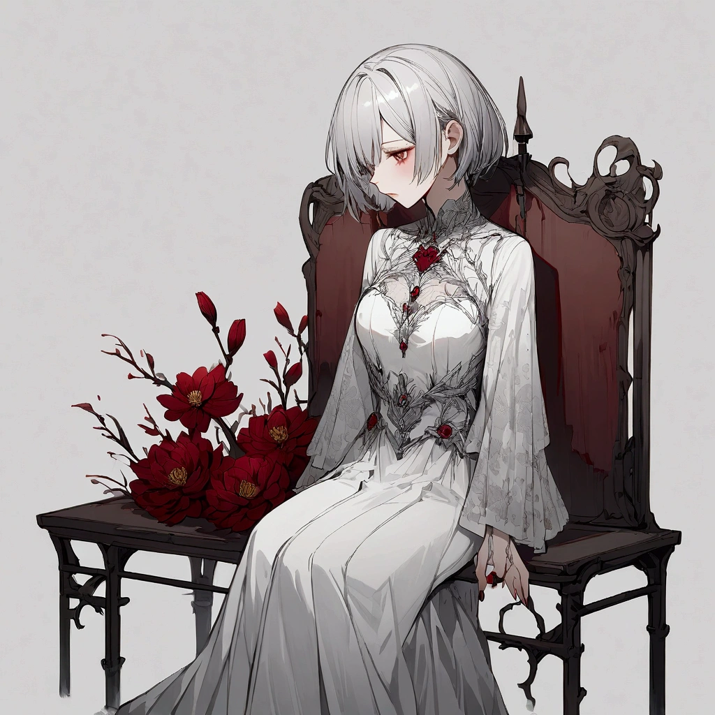 Light gray background, woman sitting on bench, silver hair, short hair, withered red flower