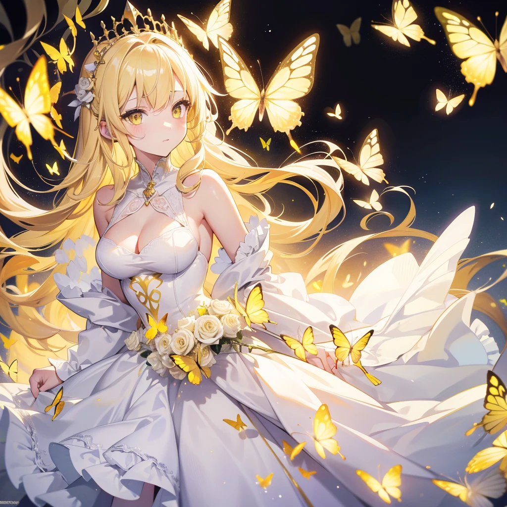 light Hair，yellow Butterfly，yellow eyes, Long white blonde hair，White princess Dress，8k wallpaper，Detailed background，Maximum resolution，Deep V Bi，Chis，yellow Rose，Tight,full-body shot