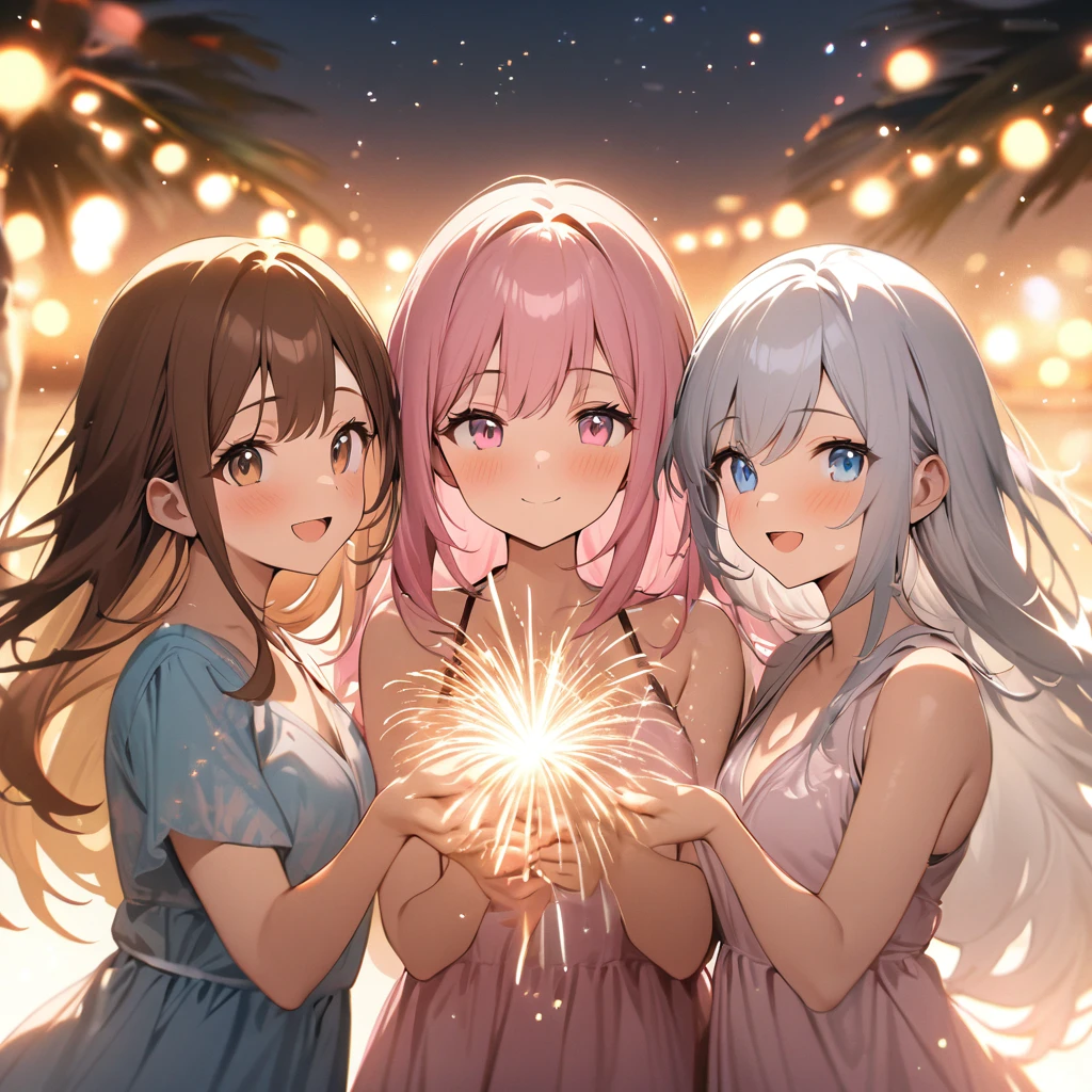 Highest quality, masterpiece, Three Girls,Brown Hair,Brown eyes,Double exposure,Silver Hair,,Long Hair,Blue eyes,Pink Hair,Pink eyes, The best smile, Doing fireworks,Golden light particle effect,summer