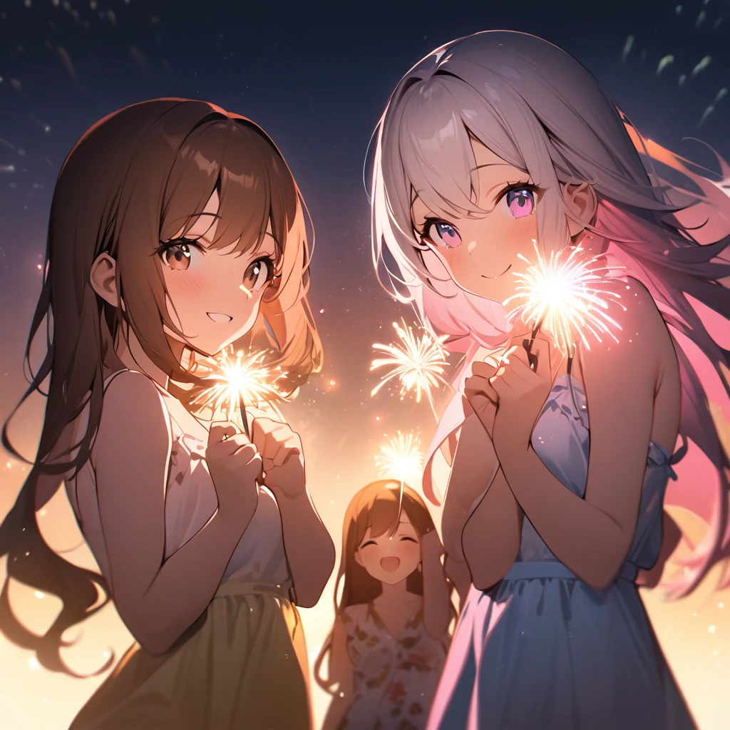 Highest quality, masterpiece, Three Girls,Brown Hair,Brown eyes,Double exposure,Silver Hair,,Long Hair,Blue eyes,Pink Hair,Pink eyes, The best smile, Doing fireworks,Golden light particle effect,summer