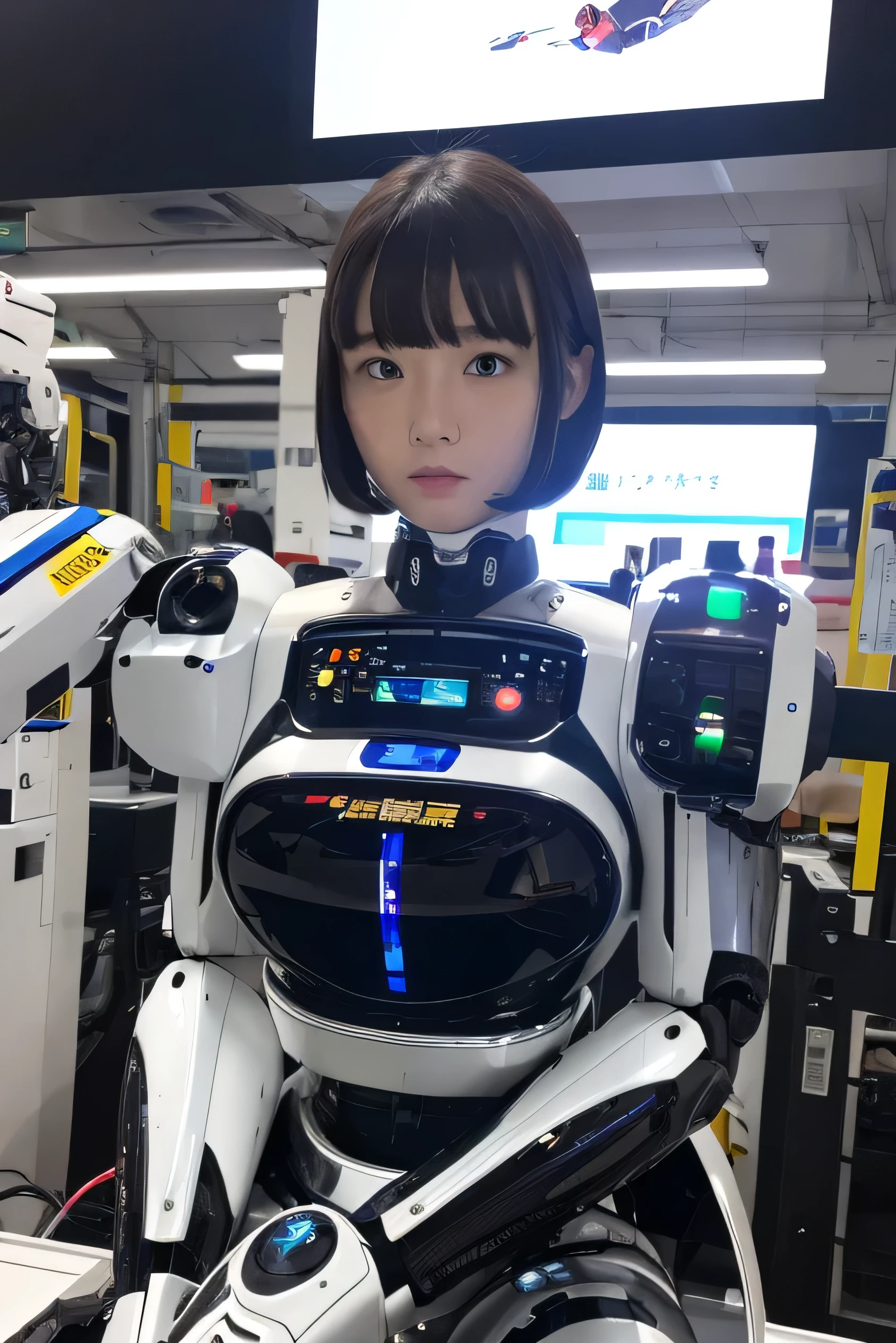 masterpiece, best quality, extremely detailed, Japaese android girl,Plump ,control panels,android,Droid,Mechanical Hand, Robot arms and legs,Blunt bangs,perfect robot girl,long tube,thick cable connected her neck,android,robot,humanoid,cyborg,japanese cyborg girl ,robot-assembly plant,She has assembled now,assembly scene,chest monitor,blue eyes