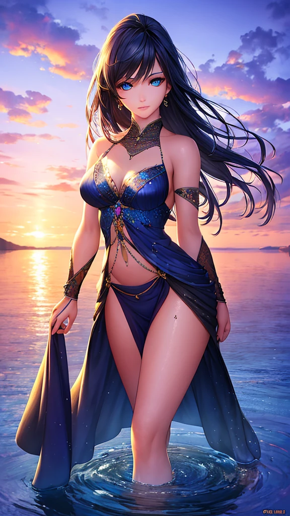 a girl standing in the middle of day and night, day on one side of the water, night on the other, (best quality,4k,8k,highres,masterpiece:1.2),ultra-detailed,(realistic,photorealistic,photo-realistic:1.37),extremely detailed eyes and face, beautiful detailed eyes, beautiful detailed lips, longeyelashes, detailed water reflection, dramatic lighting, serene atmosphere, vibrant colors, ethereal, surreal, fantasy, digital art