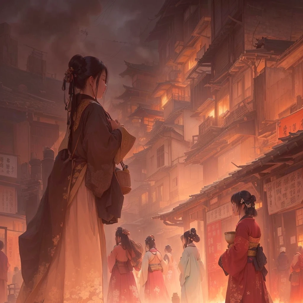 A woman walking down the street with fire in the background, an ancient city on fire, Beautiful artwork illustration, Written by Zou Zhe, Inspired by Chung Fenghua, Bayard Wu, Jan J, by Han Gan, Concept art Great atmosphere, illustration concept art, Written by Len Mei, by 下尾Blazing flames, fire, crowd, throng, freezing, mother warming her baby.Scenery and Cityscape in the Early Meiji Era After the Meiji Restoration, Japan underwent rapid modernization and civilization. Consequently, many changes and reforms occurred. Below is a detailed explanation of the scenery, appearance of the poor, occupations, and cityscapes in the early Meiji period (1868 to the early 1880s). 2. Appearance of the Poor Life for the impoverished and lower classes remained harsh. In particular, in urban areas, people migrated from rural areas or unemployed artisans gathered, intensifying competition in the labor market. Many of them struggled with poverty, often residing in slums or around temples. 3. Occupations Meiji early Japan witnessed a diversification of occupations. Traditional agriculture and handicrafts were accompanied by the rise of modern industry and commerce. Particularly in urban areas, factory workers, shop clerks, and transporters increased, giving rise to new professions. However, many in these occupations endured harsh working conditions. 4. Influence of Civilization and Enlightenment During the Meiji era, Western cultural influences spread rapidly. Changes in clothing, dietary habits, and the proliferation of Western-style architecture advanced, especially in urban areas. Conversely, this development posed a threat to traditional culture and lifestyles, resulting in societal upheaval and adaptation challenges. 5. Social Change and Policy Influence While promoting modernization policies, the government also addressed poverty and social issues. Legislation for labor protection and charitable activities to aid the poor were implemented. Nevertheless, living conditions for the impoverished scarcely improved. The early Meiji period marked a rapid transformation in Japan, with complex social landscapes involving chal