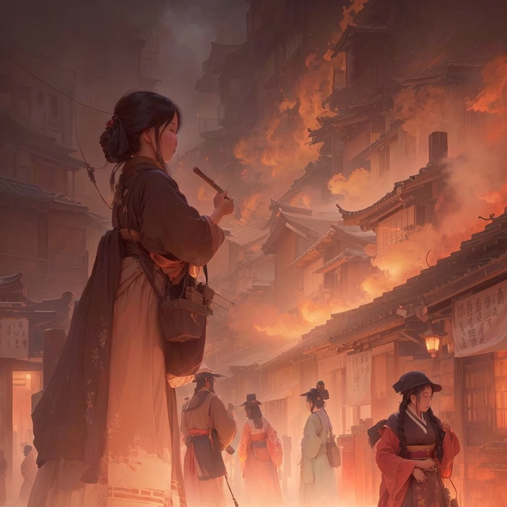 A woman walking down the street with fire in the background, an ancient city on fire, Beautiful artwork illustration, Written by Zou Zhe, Inspired by Chung Fenghua, Bayard Wu, Jan J, by Han Gan, Concept art Great atmosphere, illustration concept art, Written by Len Mei, by 下尾Blazing flames, fire, crowd, throng, freezing, mother warming her baby.Scenery and Cityscape in the Early Meiji Era After the Meiji Restoration, Japan underwent rapid modernization and civilization. Consequently, many changes and reforms occurred. Below is a detailed explanation of the scenery, appearance of the poor, occupations, and cityscapes in the early Meiji period (1868 to the early 1880s). 2. Appearance of the Poor Life for the impoverished and lower classes remained harsh. In particular, in urban areas, people migrated from rural areas or unemployed artisans gathered, intensifying competition in the labor market. Many of them struggled with poverty, often residing in slums or around temples. 3. Occupations Meiji early Japan witnessed a diversification of occupations. Traditional agriculture and handicrafts were accompanied by the rise of modern industry and commerce. Particularly in urban areas, factory workers, shop clerks, and transporters increased, giving rise to new professions. However, many in these occupations endured harsh working conditions. 4. Influence of Civilization and Enlightenment During the Meiji era, Western cultural influences spread rapidly. Changes in clothing, dietary habits, and the proliferation of Western-style architecture advanced, especially in urban areas. Conversely, this development posed a threat to traditional culture and lifestyles, resulting in societal upheaval and adaptation challenges. 5. Social Change and Policy Influence While promoting modernization policies, the government also addressed poverty and social issues. Legislation for labor protection and charitable activities to aid the poor were implemented. Nevertheless, living conditions for the impoverished scarcely improved. The early Meiji period marked a rapid transformation in Japan, with complex social landscapes involving chal