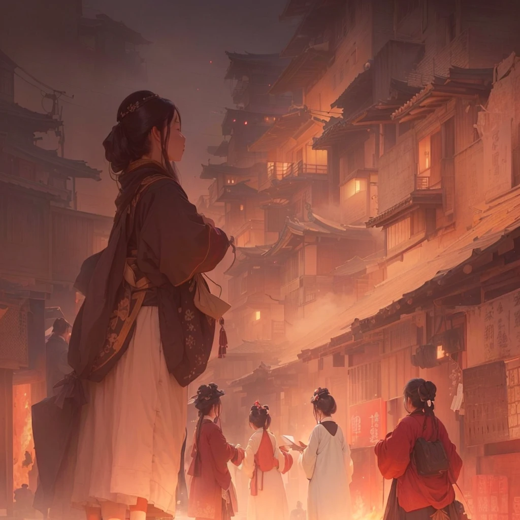 A woman walking down the street with fire in the background, an ancient city on fire, Beautiful artwork illustration, Written by Zou Zhe, Inspired by Chung Fenghua, Bayard Wu, Jan J, by Han Gan, Concept art Great atmosphere, illustration concept art, Written by Len Mei, by 下尾Blazing flames, fire, crowd, throng, freezing, mother warming her baby.Scenery and Cityscape in the Early Meiji Era After the Meiji Restoration, Japan underwent rapid modernization and civilization. Consequently, many changes and reforms occurred. Below is a detailed explanation of the scenery, appearance of the poor, occupations, and cityscapes in the early Meiji period (1868 to the early 1880s). 2. Appearance of the Poor Life for the impoverished and lower classes remained harsh. In particular, in urban areas, people migrated from rural areas or unemployed artisans gathered, intensifying competition in the labor market. Many of them struggled with poverty, often residing in slums or around temples. 3. Occupations Meiji early Japan witnessed a diversification of occupations. Traditional agriculture and handicrafts were accompanied by the rise of modern industry and commerce. Particularly in urban areas, factory workers, shop clerks, and transporters increased, giving rise to new professions. However, many in these occupations endured harsh working conditions. 4. Influence of Civilization and Enlightenment During the Meiji era, Western cultural influences spread rapidly. Changes in clothing, dietary habits, and the proliferation of Western-style architecture advanced, especially in urban areas. Conversely, this development posed a threat to traditional culture and lifestyles, resulting in societal upheaval and adaptation challenges. 5. Social Change and Policy Influence While promoting modernization policies, the government also addressed poverty and social issues. Legislation for labor protection and charitable activities to aid the poor were implemented. Nevertheless, living conditions for the impoverished scarcely improved. The early Meiji period marked a rapid transformation in Japan, with complex social landscapes involving chal