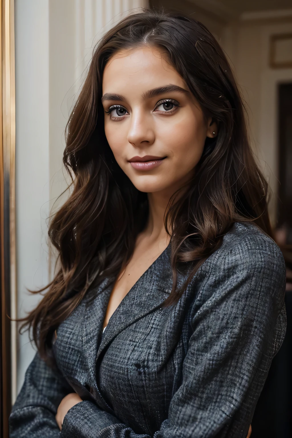 29 year old woman, long brown slightly curly hair, blue eye, visage parfait, professional makeup like model, C et portant un haut noir. Well dressed, very realistic, who looks closely at the camera, smile at the corner of the lips