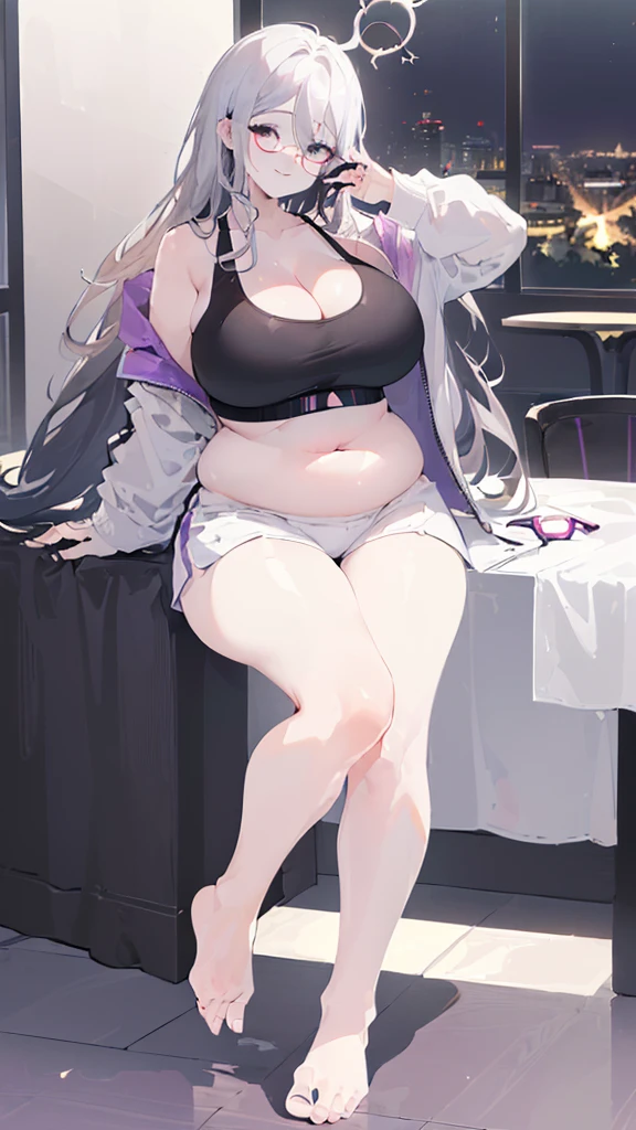 art by kipteitei, 1girl, long hair, light purple hair, laying down on couch, white crop top, massive jiggly round belly, black trousers, unbuttoned trousers, liquor bottles laying around the couch, huffing expression, chubby (best quality, masterpiece)