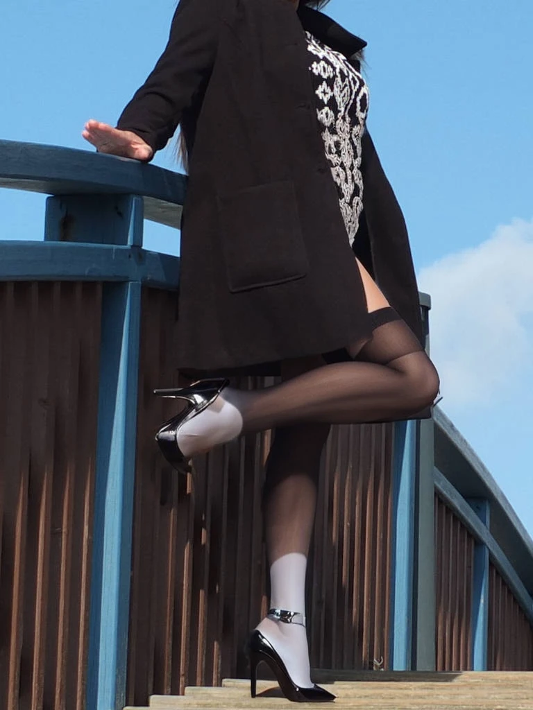 white transparent Ultra-realistic thighhighs, stilettos