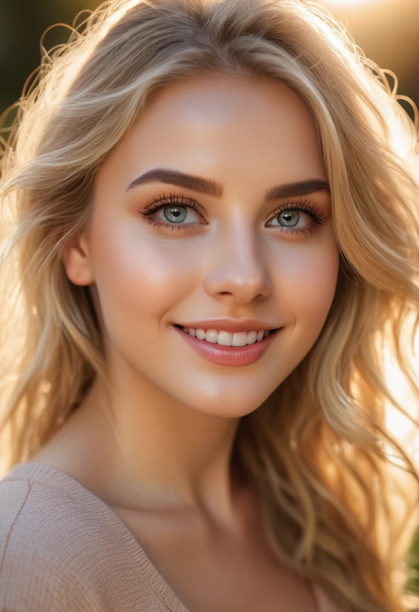 a cute golden blonde girl, beautiful detailed eyes, beautiful detailed lips, extremely detailed eyes and face, long eyelashes, beautiful girl, adorable, smiling, (best quality, 4k, 8k, highres, masterpiece:1.2), ultra-detailed, (realistic, photorealistic, photo-realistic:1.37), soft lighting, natural light, golden hour, shallow depth of field, warm colors, sunshine, outdoor, garden, flowers