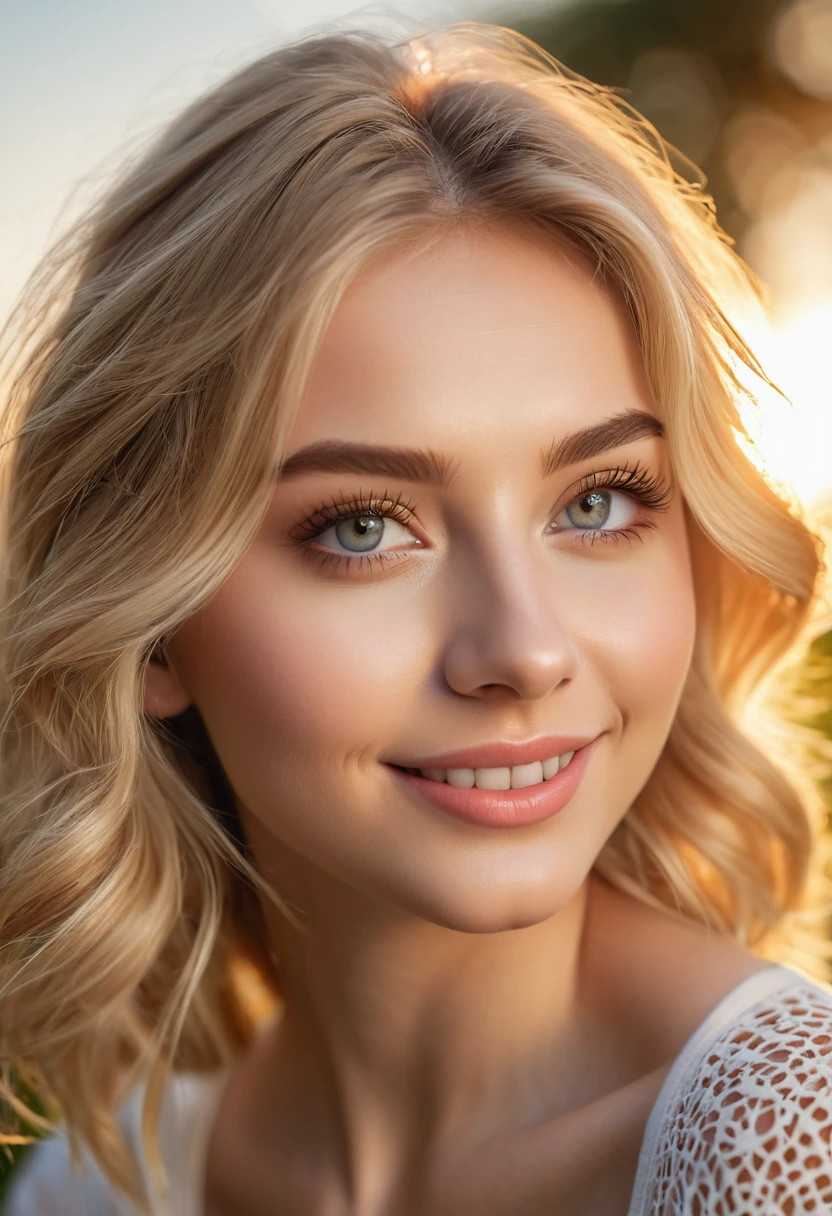 a cute golden blonde girl, beautiful detailed eyes, beautiful detailed lips, extremely detailed eyes and face, long eyelashes, beautiful girl, adorable, smiling, (best quality, 4k, 8k, highres, masterpiece:1.2), ultra-detailed, (realistic, photorealistic, photo-realistic:1.37), soft lighting, natural light, golden hour, shallow depth of field, warm colors, sunshine, outdoor, garden, flowers