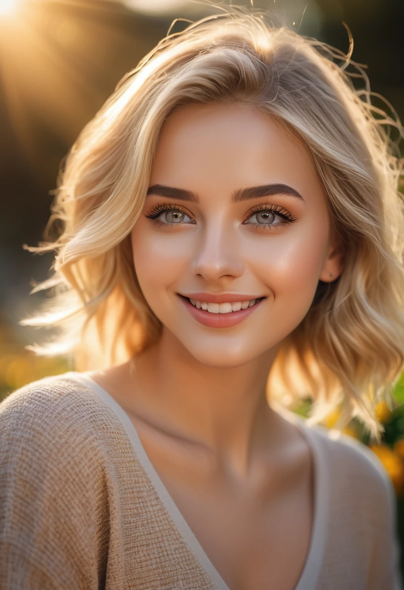 a cute golden blonde girl, beautiful detailed eyes, beautiful detailed lips, extremely detailed eyes and face, long eyelashes, beautiful girl, adorable, smiling, (best quality, 4k, 8k, highres, masterpiece:1.2), ultra-detailed, (realistic, photorealistic, photo-realistic:1.37), soft lighting, natural light, golden hour, shallow depth of field, warm colors, sunshine, outdoor, garden, flowers