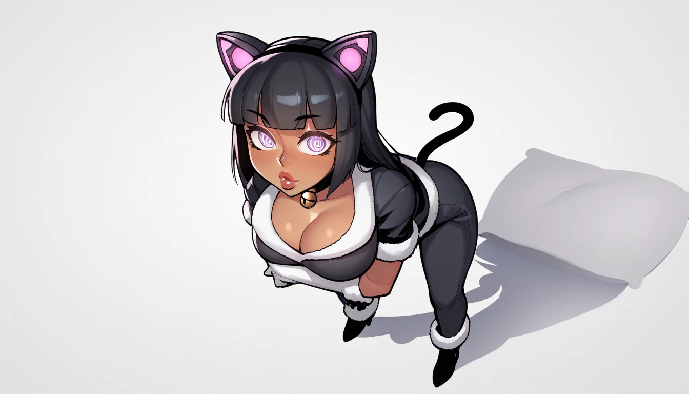 Here is the reorganized and corrected description, without the part about the Nintendo Switch and the cushion:
**punctuation_9**
**punctuation_8_High above**
**punctuation_7_High above**
**punctuation_6_High above**
**punctuation_5_High above**
**punctuation_4_High above**
very detailed image, anime girl with black hair, darkskin, thick lips, long eyelashes, Severe expression, standing, Blunt bangs, grown-up, breaking the ground, breasts big, grown-up, slim, arched back, tight slit, wearing black cat costume, simple background, innocent, kind, adorable, dressed as a black cat with a big chest, fluffy chest, in pajamas, anime cel shaded, Covered breasts and SFW, Kantai Collection Style, anime moe art style, whitegloves, seductive anime girl, very sexy sleepwear, tight and transparent, purple spiral eyes, White background, large pillow is a black stuffed cat.
