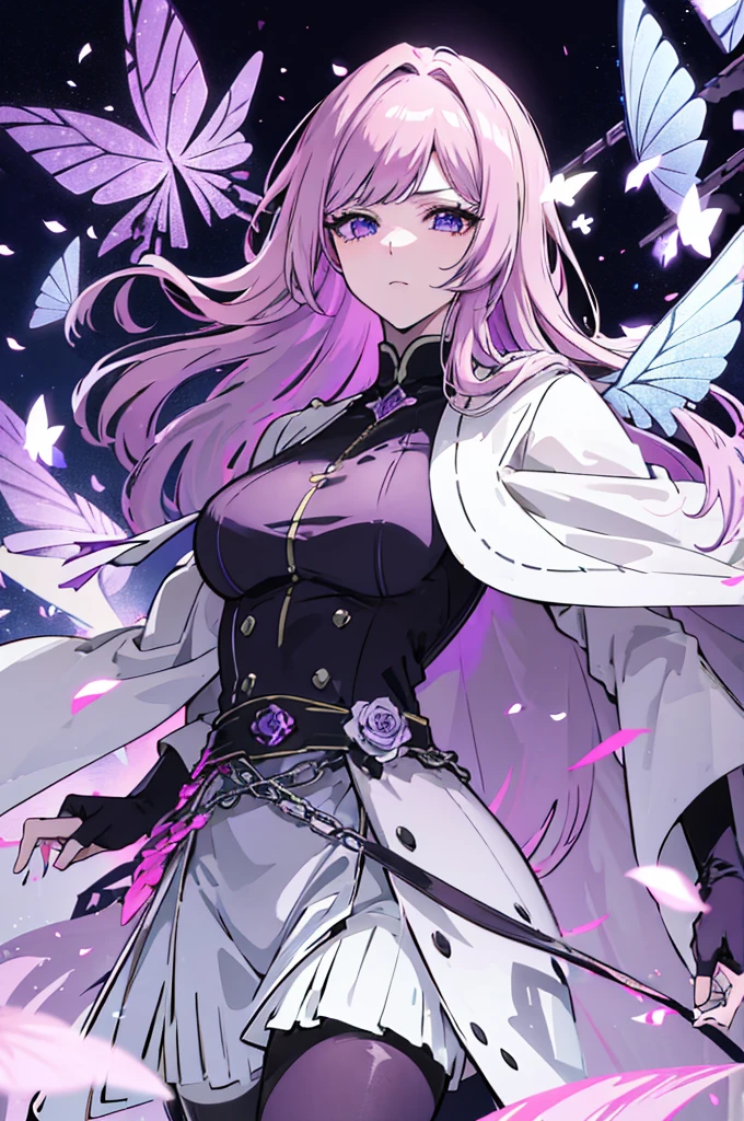 Ultra detailed, HDR, Highres, absurdres, master piece, sakamaki Izayoi, expressive Violet eyes, Blondie hair with bangs, white eyelashes, Mondaiji, black coat with patterns, black tight shirt, purple glittering butterflies, purple ice, petals, purple ice roses, sexy man, solo, extremely detailed face and eyes, extremely handsome, glittering, glittering eyes,