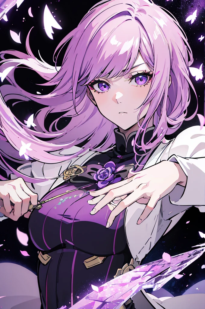 Ultra detailed, HDR, Highres, absurdres, master piece, sakamaki Izayoi, expressive Violet eyes, Blondie hair with bangs, white eyelashes, Mondaiji, black coat with patterns, black tight shirt, purple glittering butterflies, purple ice, petals, purple ice roses, sexy man, solo, extremely detailed face and eyes, extremely handsome, glittering, glittering eyes,