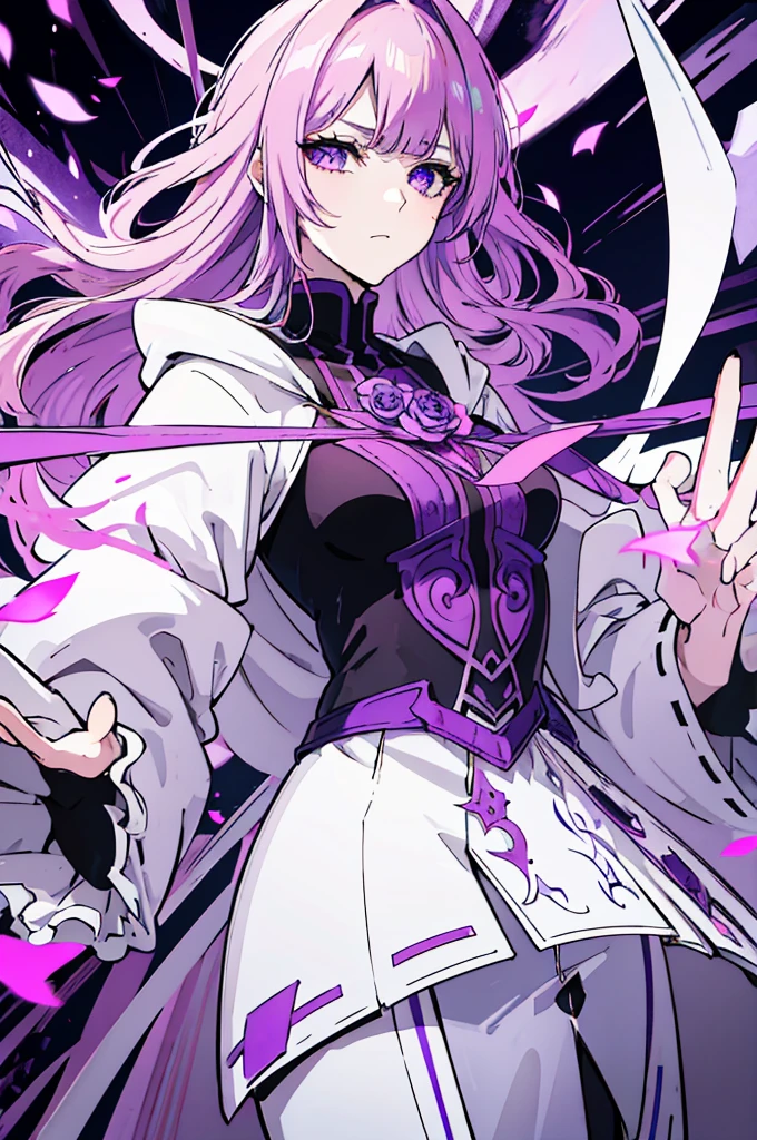 Ultra detailed, HDR, Highres, absurdres, master piece, sakamaki Izayoi, expressive Violet eyes, Blondie hair with bangs, white eyelashes, Mondaiji, black coat with patterns, black tight shirt, purple glittering butterflies, purple ice, petals, purple ice roses, sexy man, solo, extremely detailed face and eyes, extremely handsome, glittering, glittering eyes,