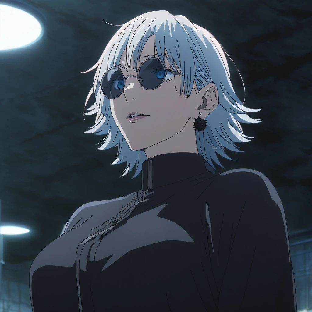 1girl, female gojo satoru, anime screencap from jujutsu kaisen, gojo satoru female version, solo, short_hair, ((Blue eyes, round sunglasses)) ((Silver_hair, spikey hair)) , night view, (hanging breasts) upper_body, smile, indoors, parted lips, (short hair) ((wearing black colour outfit, glossy)) breast, "very detailed and high resolution" (Blue eyes, round sunglasses) ((solo)) (((front view))) (earings) ((high resolution)) ((good quality)) ((silky hair, spikey hair ((parted lips))