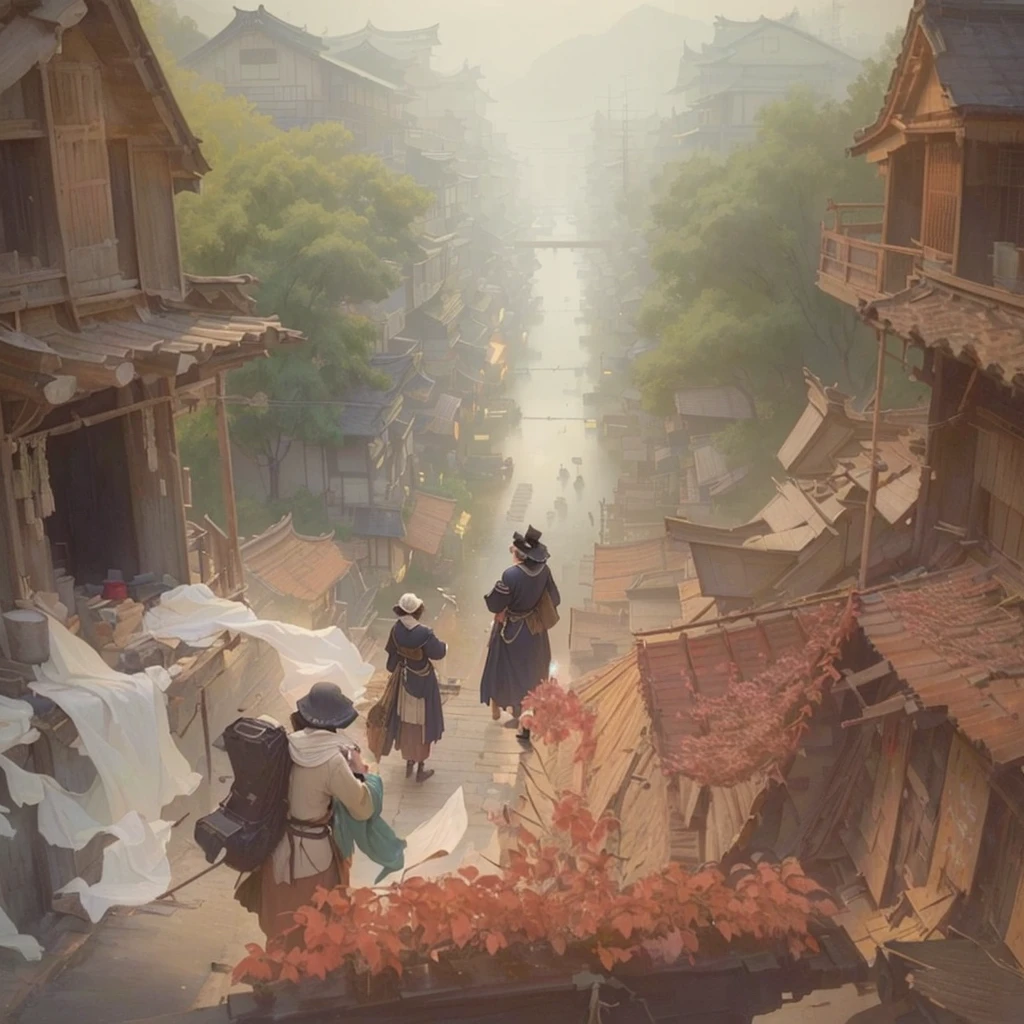 A lot of people々A painting of a woman standing on a roof with, Inspired by Carl Spitzweg, artwork in the style of Gwaiz, Relaxing concept art, Painterly concept art, Reusch and Urop, Beautiful artwork illustration, illustration concept art, Gwaiz, RPG Scenes, Concept Painting, Blurry dreamy illustration, fantasy Concept PaintingBlazing flames, fire, crowd, throng, freezing, mother warming her baby.Scenery and Cityscape in the Early Meiji Era After the Meiji Restoration, Japan underwent rapid modernization and civilization. Consequently, many changes and reforms occurred. Below is a detailed explanation of the scenery, appearance of the poor, occupations, and cityscapes in the early Meiji period (1868 to the early 1880s). 2. Appearance of the Poor Life for the impoverished and lower classes remained harsh. In particular, in urban areas, people migrated from rural areas or unemployed artisans gathered, intensifying competition in the labor market. Many of them struggled with poverty, often residing in slums or around temples. 3. Occupations Meiji early Japan witnessed a diversification of occupations. Traditional agriculture and handicrafts were accompanied by the rise of modern industry and commerce. Particularly in urban areas, factory workers, shop clerks, and transporters increased, giving rise to new professions. However, many in these occupations endured harsh working conditions. 4. Influence of Civilization and Enlightenment During the Meiji era, Western cultural influences spread rapidly. Changes in clothing, dietary habits, and the proliferation of Western-style architecture advanced, especially in urban areas. Conversely, this development posed a threat to traditional culture and lifestyles, resulting in societal upheaval and adaptation challenges. 5. Social Change and Policy Influence While promoting modernization policies, the government also addressed poverty and social issues. Legislation for labor protection and charitable activities to aid the poor were implemented. Nevertheless, living conditions for the impoverished scarcely improved. The early Meiji perio