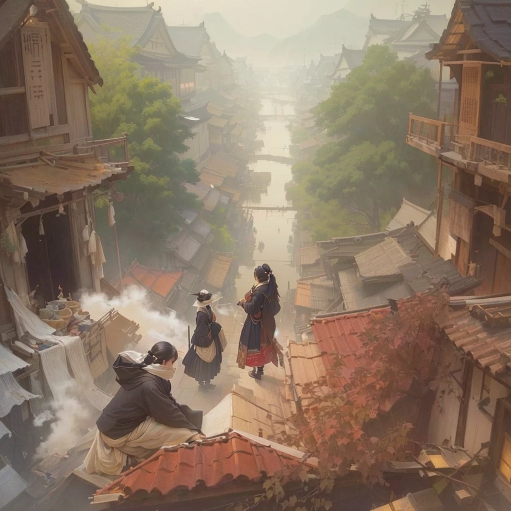 A lot of people々A painting of a woman standing on a roof with, Inspired by Carl Spitzweg, artwork in the style of Gwaiz, Relaxing concept art, Painterly concept art, Reusch and Urop, Beautiful artwork illustration, illustration concept art, Gwaiz, RPG Scenes, Concept Painting, Blurry dreamy illustration, fantasy Concept PaintingBlazing flames, fire, crowd, throng, freezing, mother warming her baby.Scenery and Cityscape in the Early Meiji Era After the Meiji Restoration, Japan underwent rapid modernization and civilization. Consequently, many changes and reforms occurred. Below is a detailed explanation of the scenery, appearance of the poor, occupations, and cityscapes in the early Meiji period (1868 to the early 1880s). 2. Appearance of the Poor Life for the impoverished and lower classes remained harsh. In particular, in urban areas, people migrated from rural areas or unemployed artisans gathered, intensifying competition in the labor market. Many of them struggled with poverty, often residing in slums or around temples. 3. Occupations Meiji early Japan witnessed a diversification of occupations. Traditional agriculture and handicrafts were accompanied by the rise of modern industry and commerce. Particularly in urban areas, factory workers, shop clerks, and transporters increased, giving rise to new professions. However, many in these occupations endured harsh working conditions. 4. Influence of Civilization and Enlightenment During the Meiji era, Western cultural influences spread rapidly. Changes in clothing, dietary habits, and the proliferation of Western-style architecture advanced, especially in urban areas. Conversely, this development posed a threat to traditional culture and lifestyles, resulting in societal upheaval and adaptation challenges. 5. Social Change and Policy Influence While promoting modernization policies, the government also addressed poverty and social issues. Legislation for labor protection and charitable activities to aid the poor were implemented. Nevertheless, living conditions for the impoverished scarcely improved. The early Meiji perio