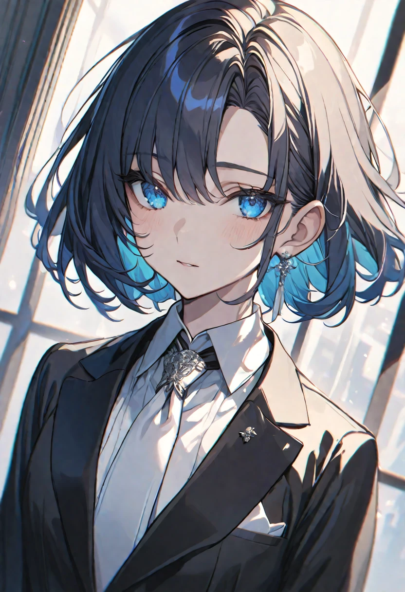 alone, elegant, 1 ager, short hair, black fur, half and half, blue eyes, detailed, White shirt, white tie,